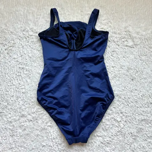 MiracleSuit Sanibel One Piece Swimsuit Sz 10 Navy Blue Side Ruched Faux Wrap