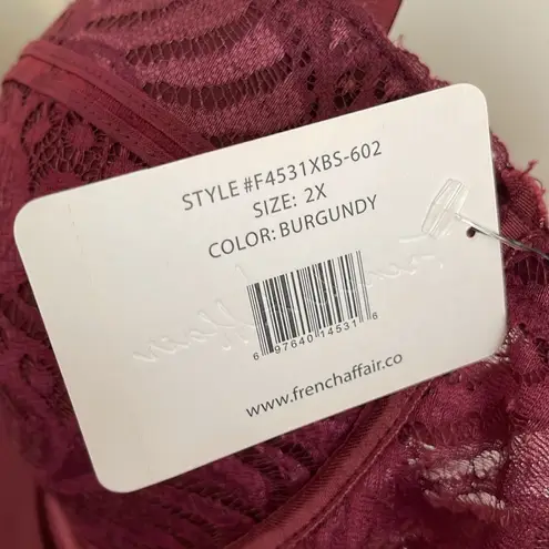 French affair Burgundy Floral Sheer Lace Push-Up Plus Size Lingerie Bodysuit