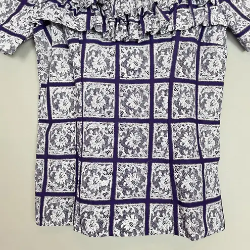 Handmade Blouse Lace Print Ruffled Short Puffed Sleeves Purple White Top Women
