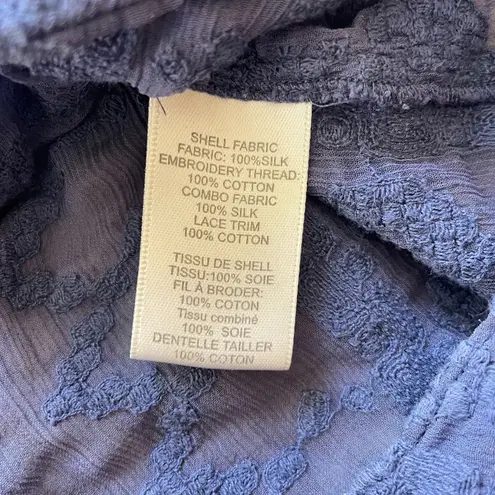 Rebecca Taylor Size 4 Navy Blue Silk Lace Trim Long Sleeve Embroided Top Blouse