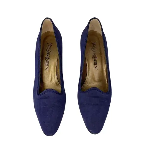 Saint Laurent Yves  YSL Vintage Ribbed Navy Silk Pumps 7M Heels 2.25"