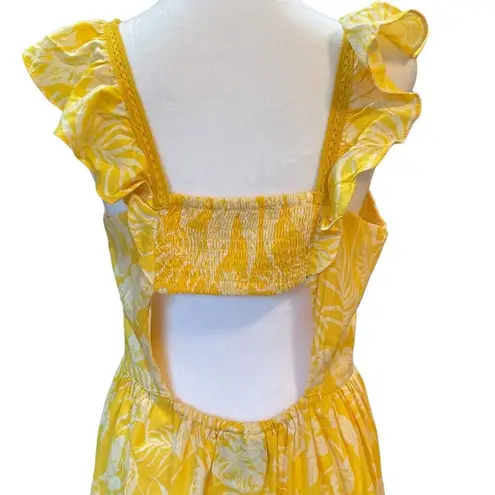 Angie  Midi Dress Cap Sleeve Tiered Skirt Yellow Floral Open Back Womens Large