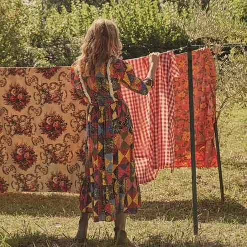 Doen Nicoletta Patchwork Print Organic Cotton Midi Dress Size XS