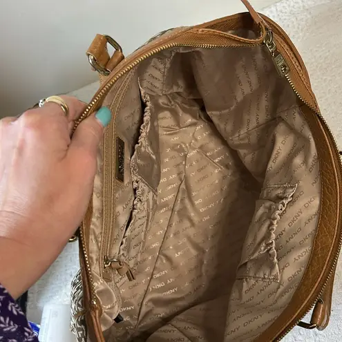 DKNY Signature  Brown/Beige Zip Tote w/Saffiano Tan Trim &‎ Double Handles