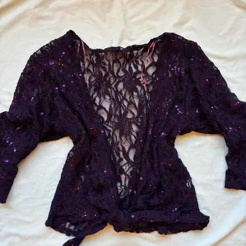 Unique Vintage Beautiful purple plum silver sequin floral lace wrap top / cardigan