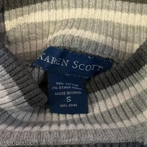 Karen Scott Retro 100% Cotton Gray Striped Ribbed Mock neck Long Sleeve sz L