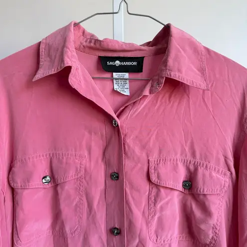 Sag Harbor Sag‎ Harbor sz 10 pink 100% silk VTG classic minimalist button blouse shirt