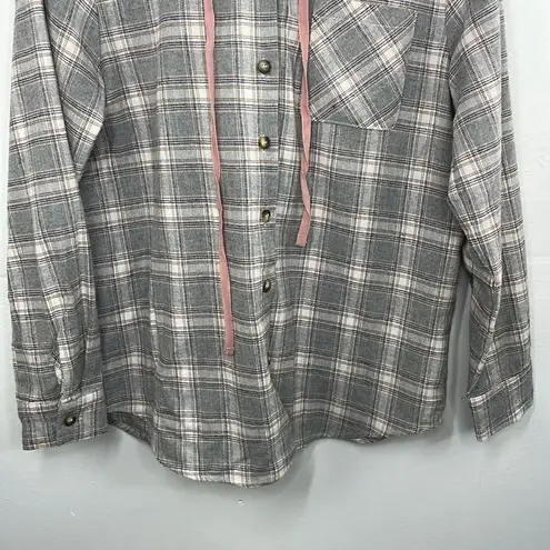 Apricot Lane Flannel Plaid Long Sleeve Front Button Closure With Hood Shirt Gray Small Cotton