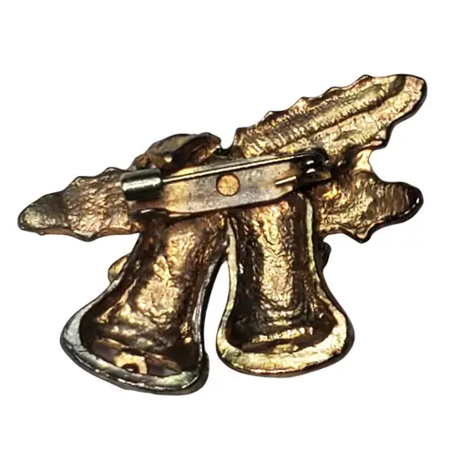 Enamel Holly Double Bells Bow Vtg Unsigned Gold Tone Brooch Pin 1"