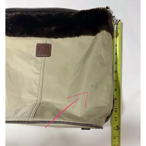 Liz Claiborne  Tan Poly Vinyl Brown Faux Fur Trimmed Handbag