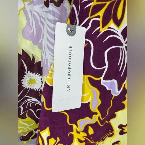 Maeve Anthropologie Purple and Yellow Floral Flutter Sleeve Cinched Top