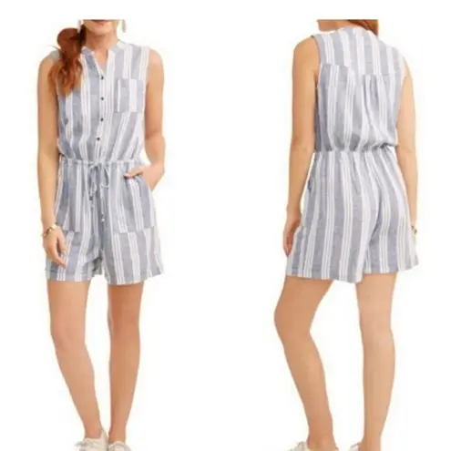 Blue and White Striped Romper Collared Neckline Size M