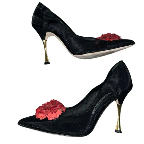 Manolo Blahnik Sohemias 105 Polka Dot Mesh Pumps Black With Flower Appliqué