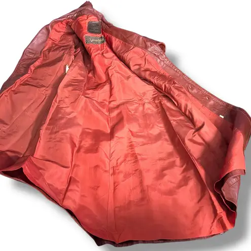 Vintage 70s Burgundy Leather Longline Trench Coat White Whipstitch Western Ranch Red