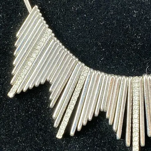 Vintage Silver Tone Rhinestone Brutalist Art Deco Bib Necklace Metal Fringe