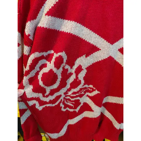 Vintage Rose Floral Geometric Knit Sweater Women's Pink Cream Retro