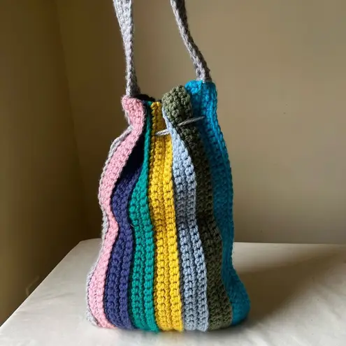 Handmade Colorful Crochet Bucket Bag Rainbow Striped Crossbody Hobo Festival NWT Green