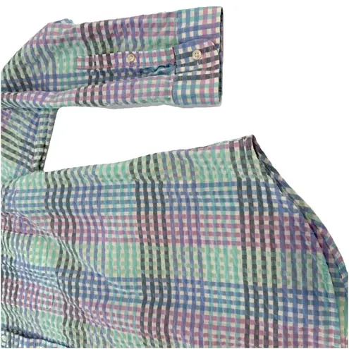 LL Bean Vacationland Seersucker Colorful Plaid Button Up Shirt Size XL