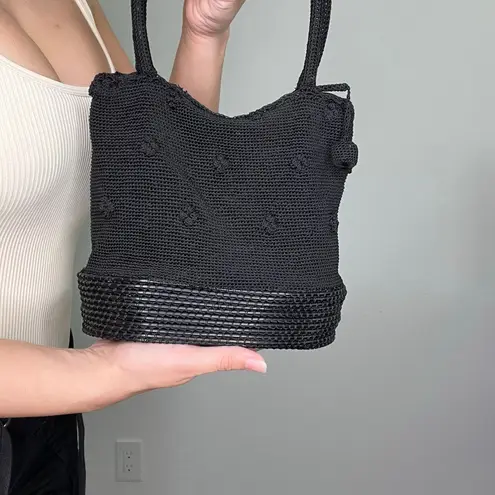 Black Woven Knit Shoulder Bag with Textured Plastic Base Y2K Style Handbag