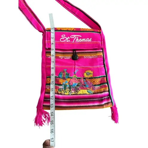 St. Thomas Pink Woven Crossbody Bag Embroidered Fish Design & Fringe Accents