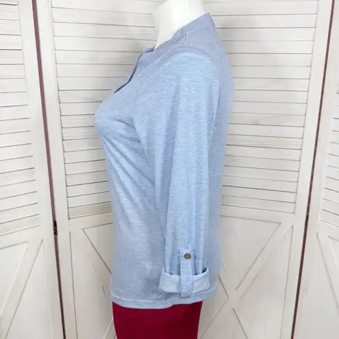 Heathered V Neck Roll Tab Long Sleeve Henley T Shirt Blue Large