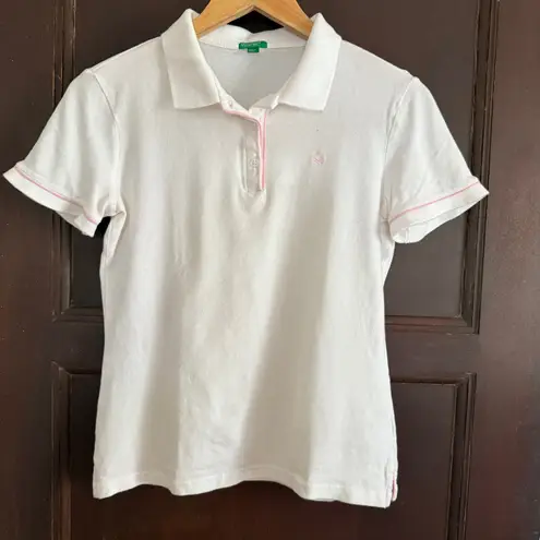 United Colors Of Benetton Y2K Vintage | Pink Piping Trim White Polo Shirt Medium