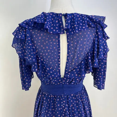 Three Floor Polka Dot Ada Dress Blue Ruffles V Neck Midi