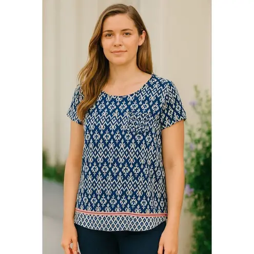 Saks Fifth Avenue Women’s Abstract Print Top Blue White Red Trim Size L Size L