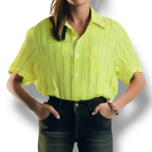 Vintage Brigade Striped Button Up Shirt Neon Green Orange Yellow Unisex Disco Size M