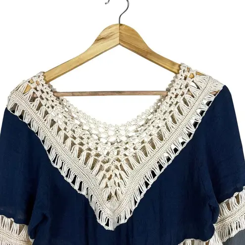 Anna Kaci Blue White Crochet Tunic Boho Swimsuit Coverup Coastal Cowgirl Hippie