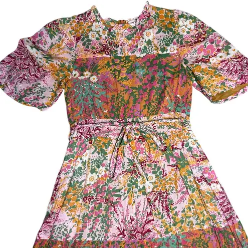 Banjanan Hilary Dress in Loki’s Garden Puffed Sleeve Midi Dress Size Medium Pink