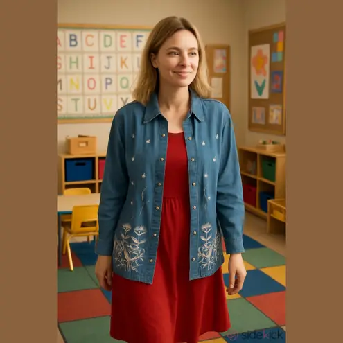 Vintage Floral Embroidered Denim Jacket or Shirt Blue Size XL