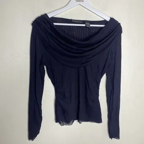 Attention Navy Blue Mesh Long Sleeve Ruched Off Shoulder Top Size Medium