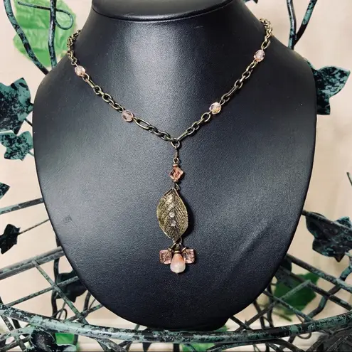 Gold Pink Leaf Fairy Feather Necklace New