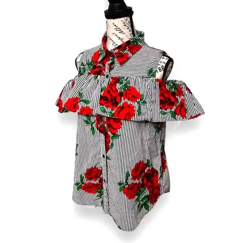 Hint of Blush XL Cold Shoulder Blouse Stripe Red Floral Ruffle Cotton Summer Top