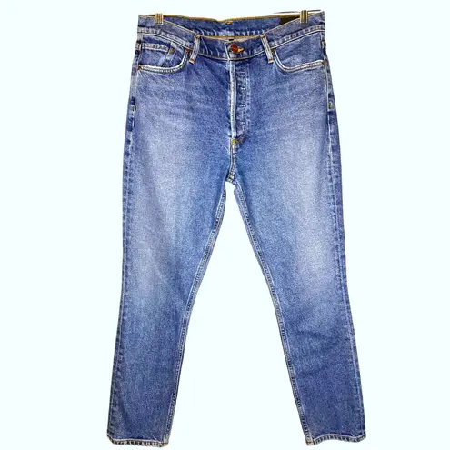 GOLDSIGN The High Rise Slim Medium Wash Button Fly Jeans Size 30 26" Inseam EUC Blue