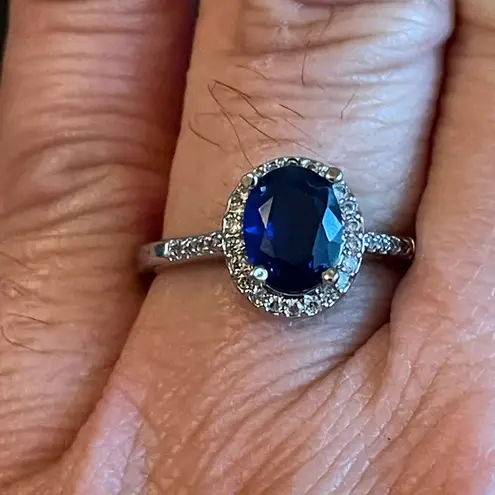 Oval blue sapphire silver plated CZ ring Size 10