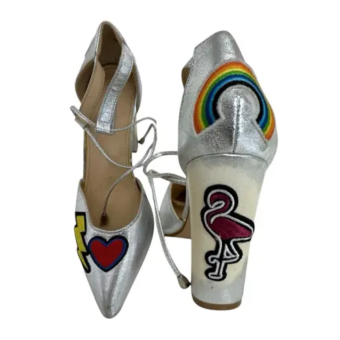 Cape Robbin Metallic Silver Block Heel Patches Flamingo Rainbow Sandals Size 8