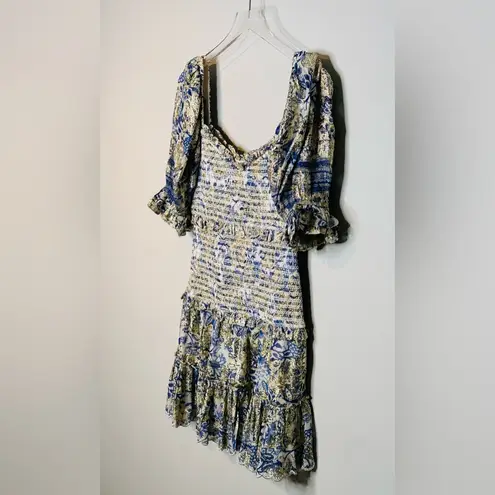 Hemant & Nandita Mala Blue Gold White Metallic Smocked Mini Dress Size M
