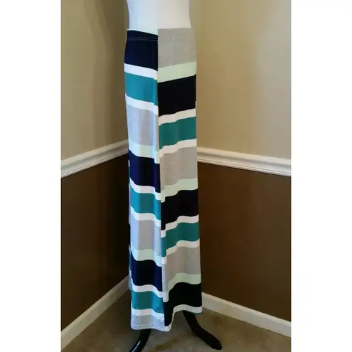 Downeast ModCloth NEW Gray Navy Blue Green Striped Knit Pull On Maxi Skirt M