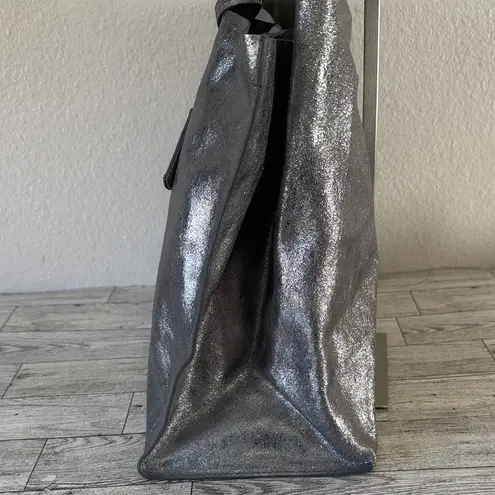 Furla Metallic Silver Leather Tote Bag EUC