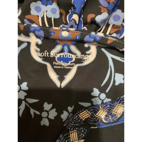 Soft Surroundings Petite Medium Black Blue Floral V Neck Beaded Trim Dress