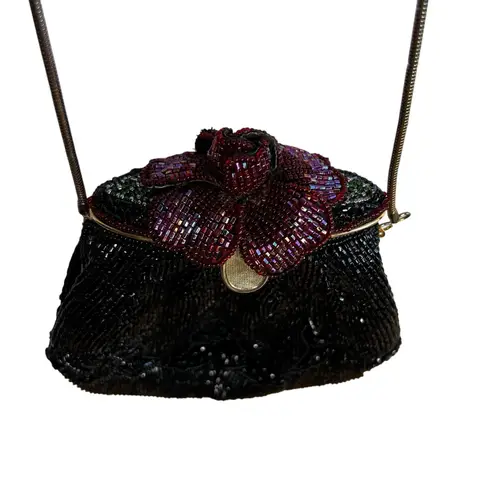 Vintage Handmade Black Beaded Cross Body Bag Purse Evening Gold Strap Clutch