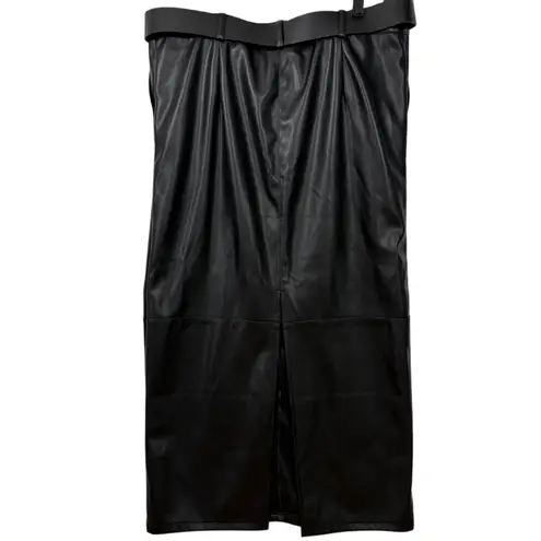 River Island Black Faux Leather Belted Midi Skirt Women's US 14 L