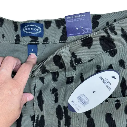 NWT Scoop Seamed Denim Barrel Jeans Wide Leg High Rise Leopard Print Olive SZ 4 Green