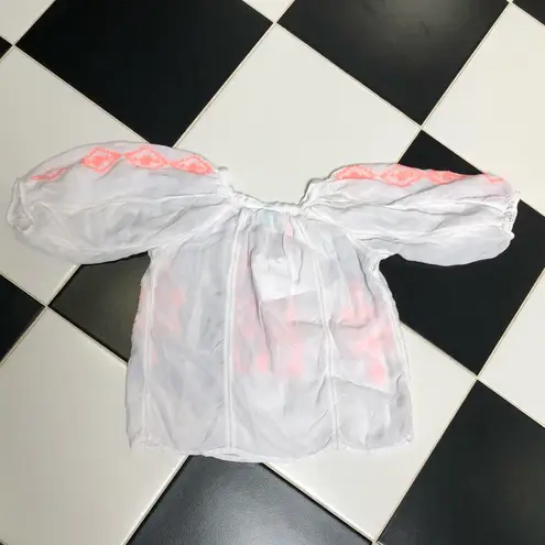 Melissa Odabash Embroidered Peasant Blouse Crop Top White Neon Coral Summery sz8