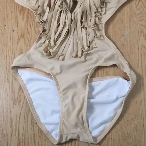 B44 Womens 1pc Low Plunge Fringed Swimsuit Padding Tan Beige Light Khaki Small - Image 3