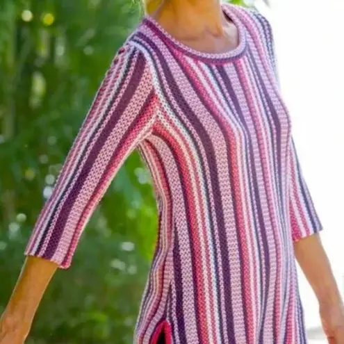 Soft Surroundings Montego Bay Sweater Size XS Dusty Red Blue White Open Knit