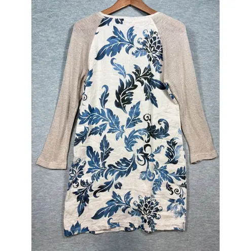 iLinen Dress S 100% Linen Floral Print Long Sleeve Tunic Blue Floral Natural Tan