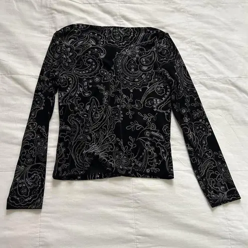 Willi Smith Y2K deadstock vintage Black velour glitter paisley print long sleeve v neck top